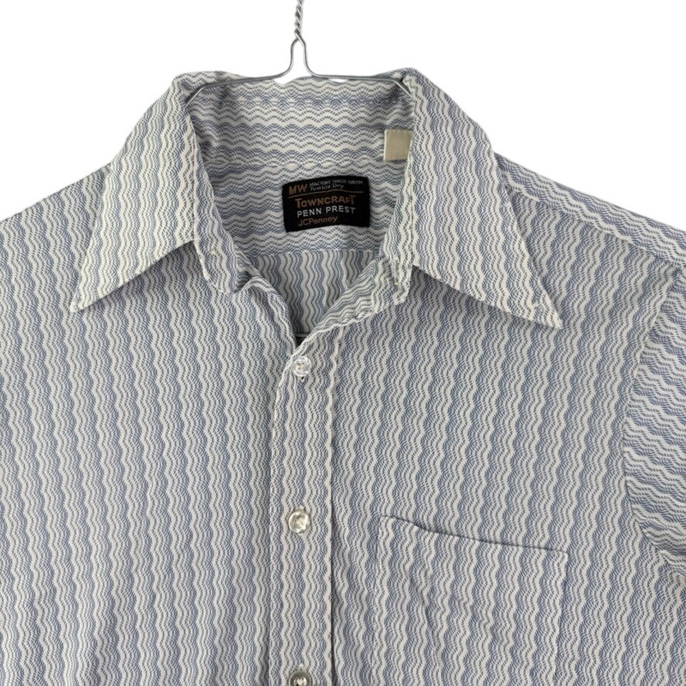 Vintage 70s Towncraft Penn Prest JCPenney Mens Blue Wave Print Shirt Size 15